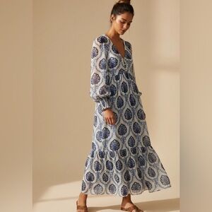 Zara | Dresses | Zara Blue Maxi Dress With Cream Floral Print